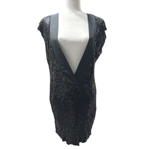 Velvet by Graham & Spencer Black Sequin Mini Dress Silk Trim Deep V Women Size S